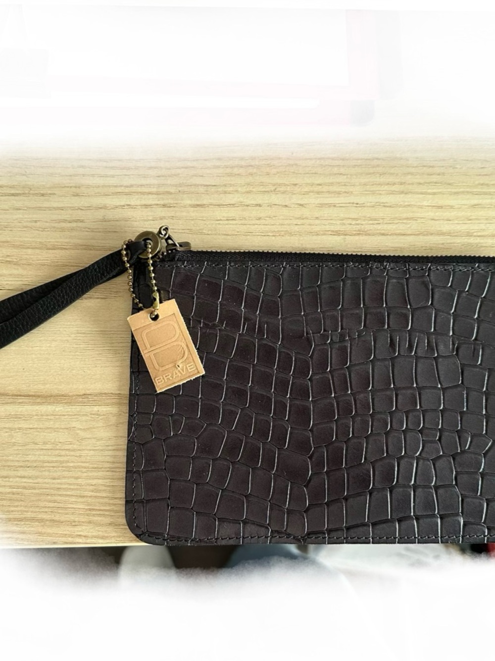 BRAVE Croc-Embossed Black Wristlet Clutch with Detachable Strap